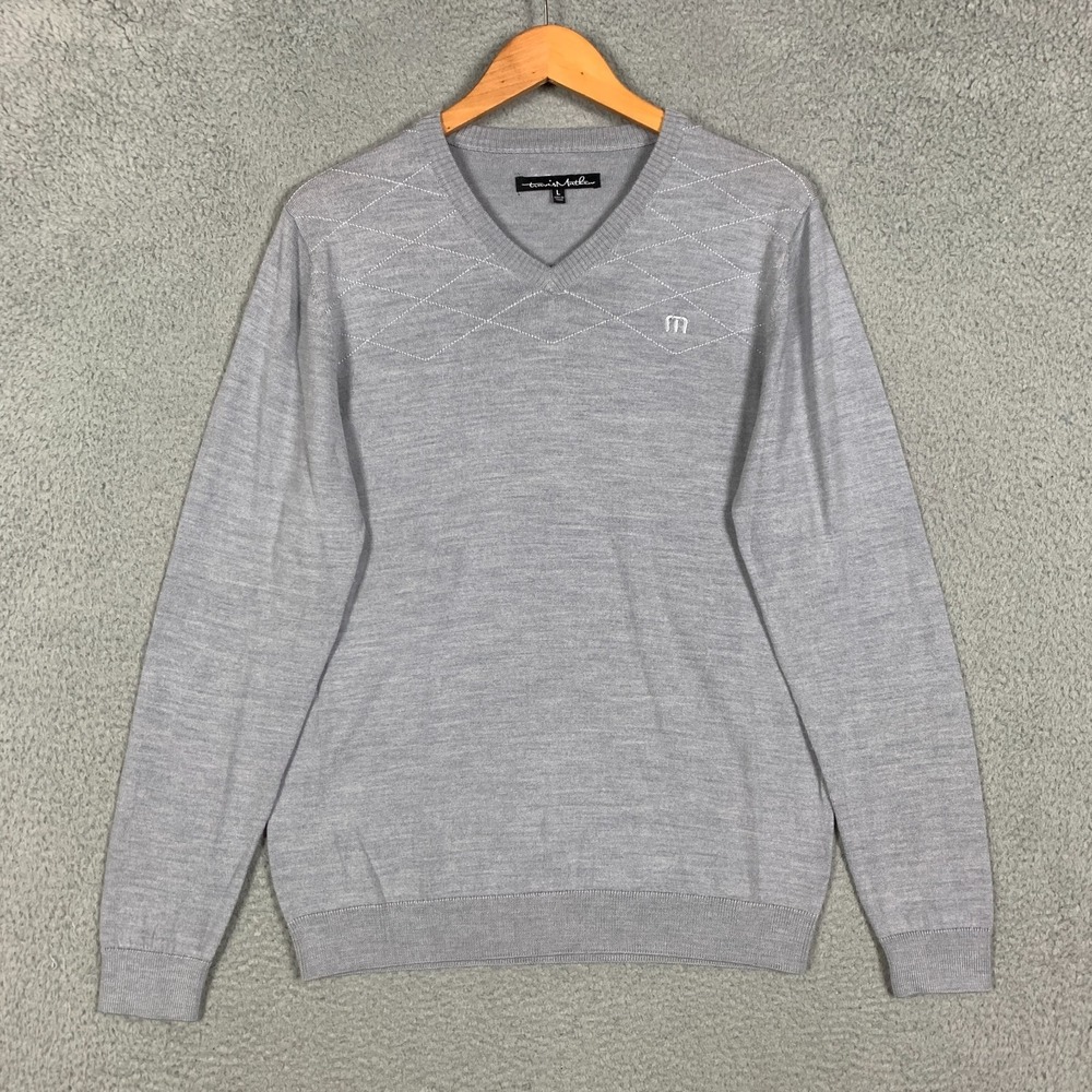 Travis Mathew Sweater Men's Large Gray Merino Wool Blend V Neck Golf Embroidered